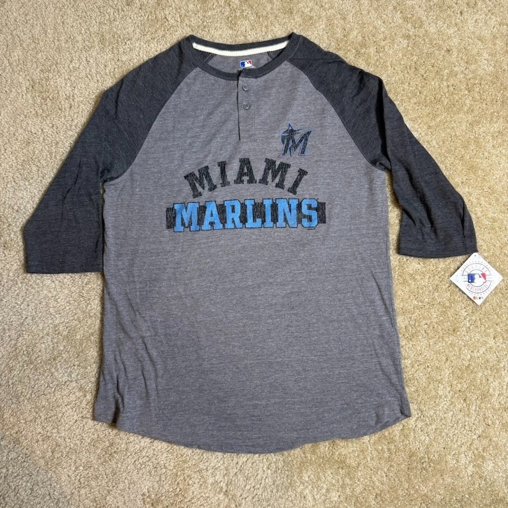 Miami Marlins MLB Henley Shirt Mens L Gray Raglan 3/4‎ Sleeve Genuine Merch NWT